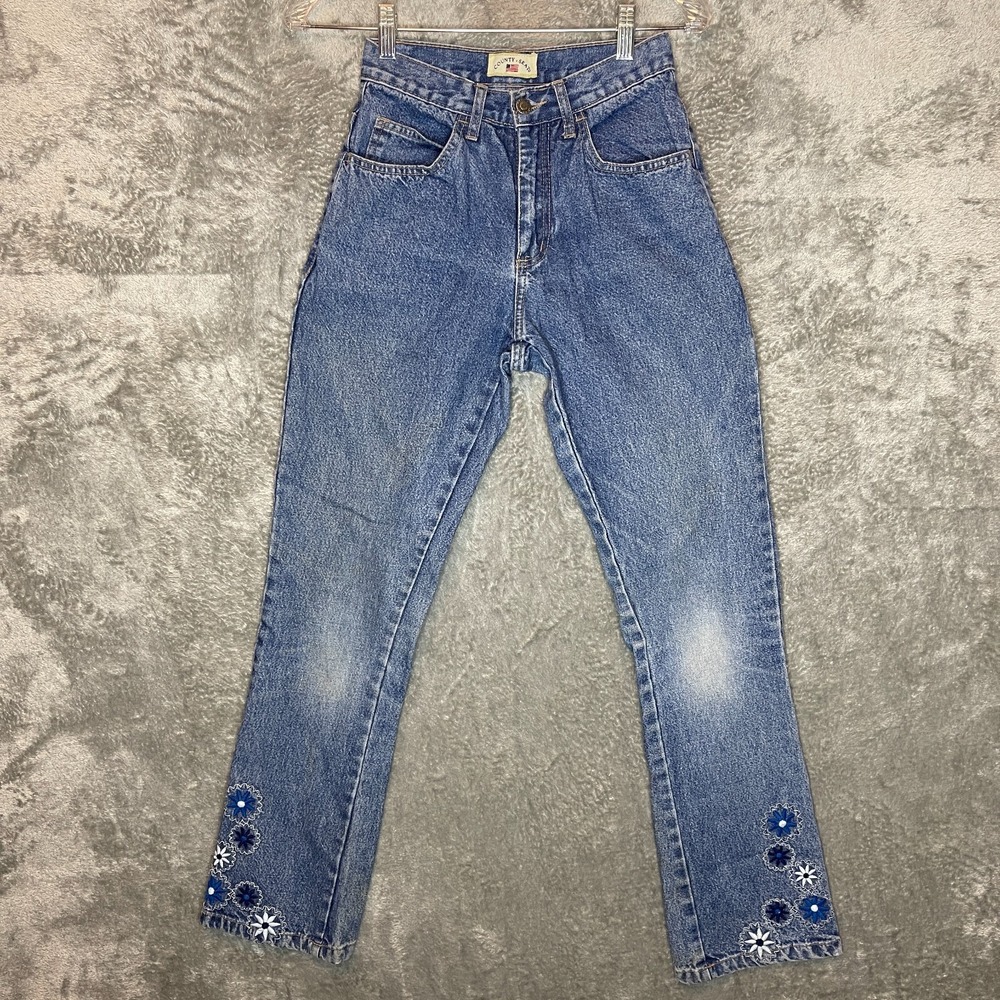 Vtg County Seat Women 90s Boho Embroidered Faded Mom Bootcut Mid Rise Jean 1/2